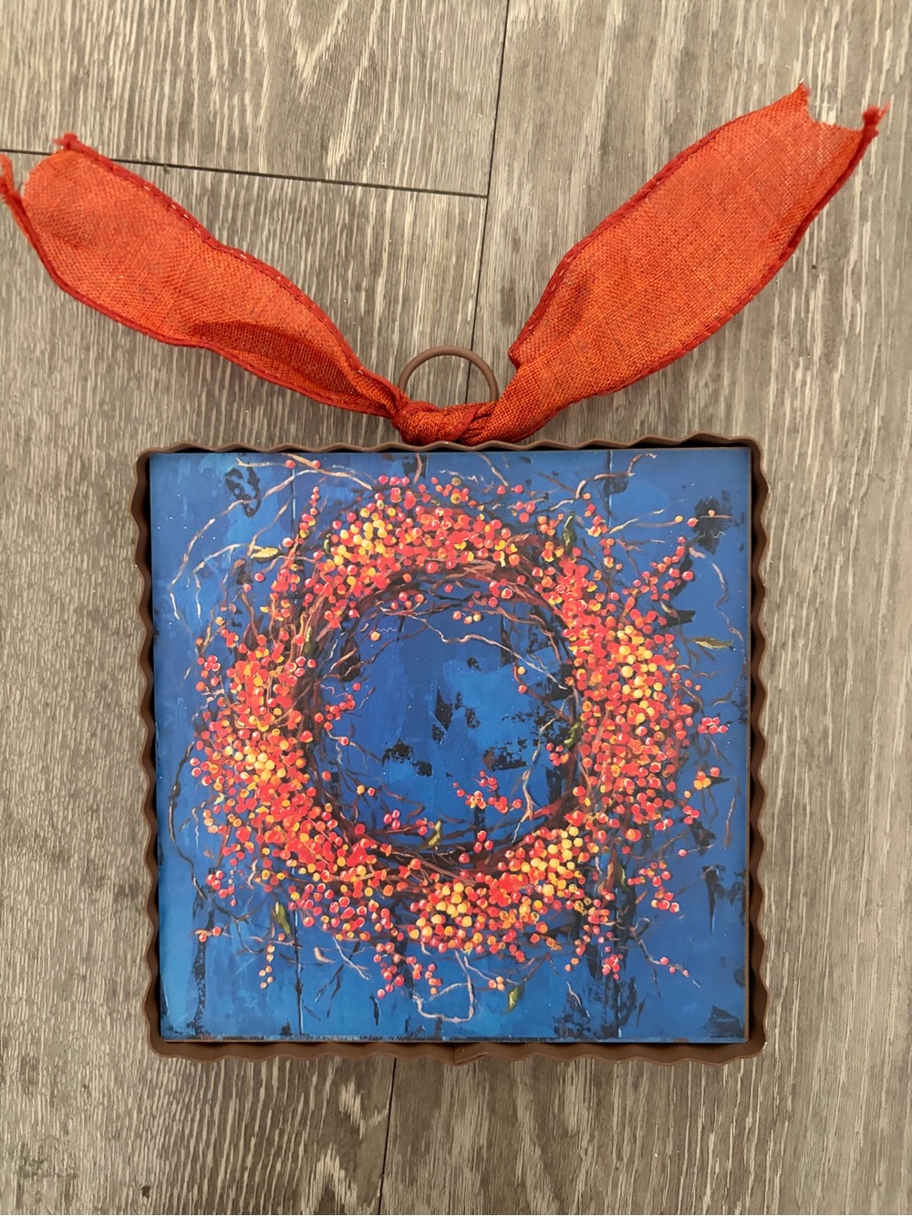 Hand-Painted Berry Wreath Wall Hanging - Blue & Orange
